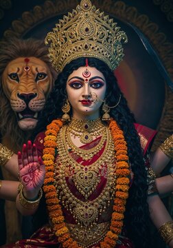 Durga puja goddess hinduism devi maa idol statue festival crown jewelry lion