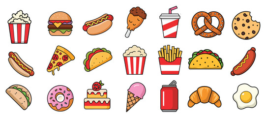 Bundle of Mouthwatering Fast Food Staples Like Doughnuts, Croissants, Fried Chicken, Hot Dog, Taco and more