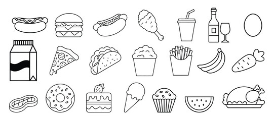 Collection of Simple Food Outlines Featuring Fast Food, Fruits, and Vegetables for Culinary Designs
