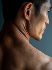 Close-up of male back with smooth, even-toned skin, studio lighting highlighting healthy texture.