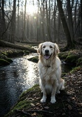 Golden retriever dog portrait in forest nature scene by river sunshine happy