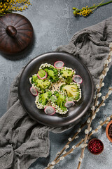 Vegan broccoli rice balls dish, arranged in a rustic top view with soft natural lighting and muted earthy tones