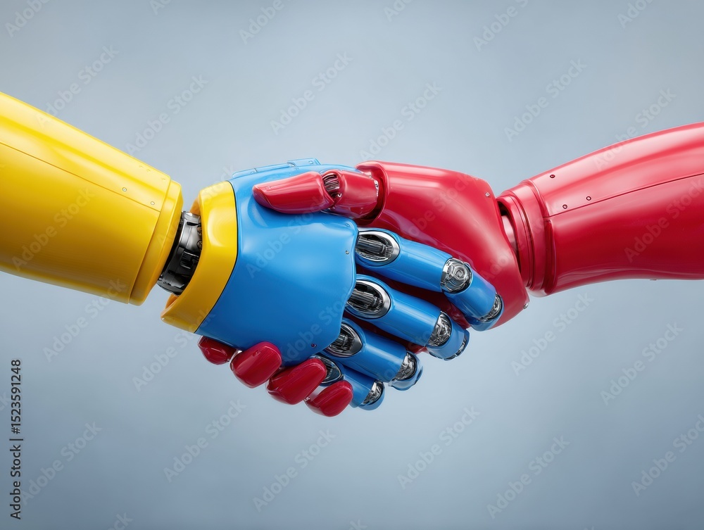 Poster Colorful robotic hands shaking in futuristic partnership symbolizing human-AI collaboration and innovation in technology-driven industries and business integration
