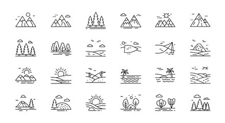 Minimalist Line Art Landscape Icons Mountains, Trees, and Seascapes