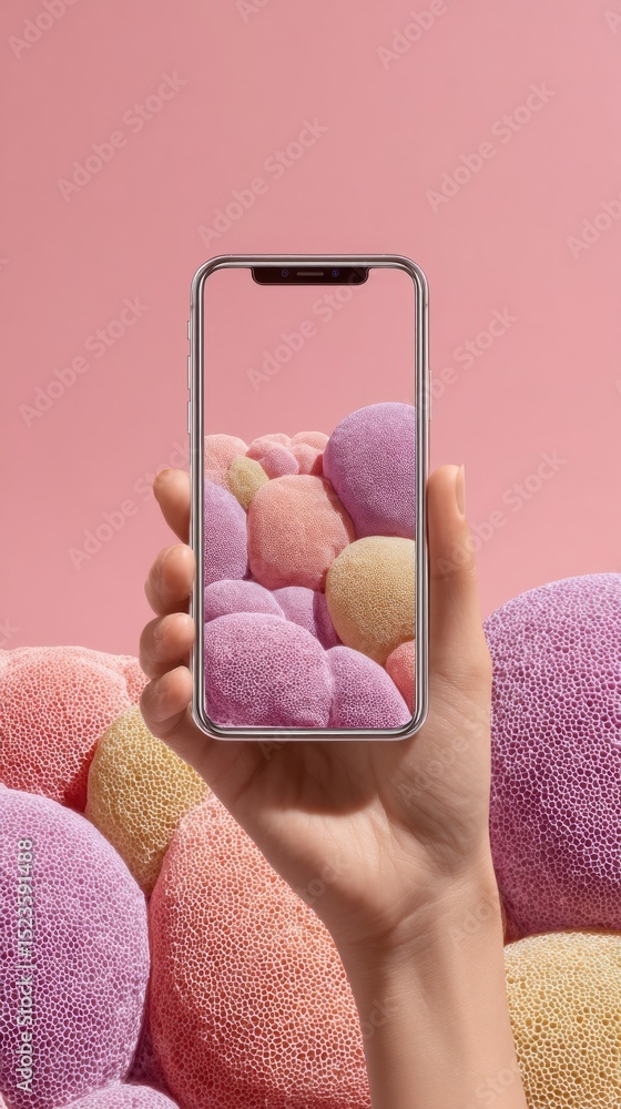 Poster female hand holding smartphone showing 360-degree virtual tour with textured background for immersiv
