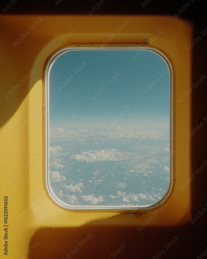 Poster curved space station porthole window with earth view framed by geometric module - futuristic aerospa