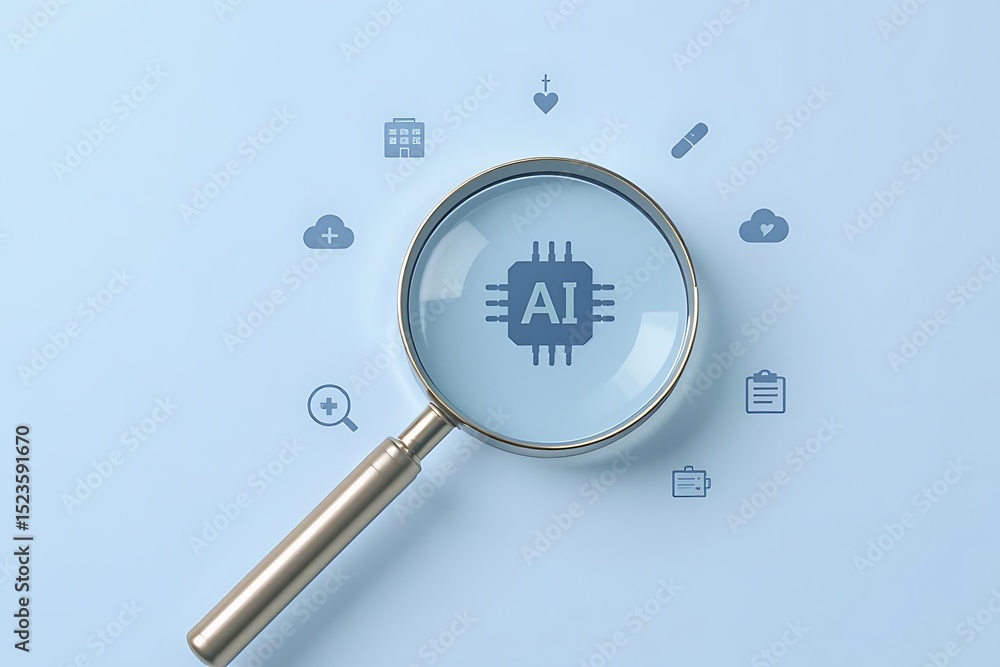 Poster magnifying glass reveals ai chip exploring artificial intelligence and its applications in modern te