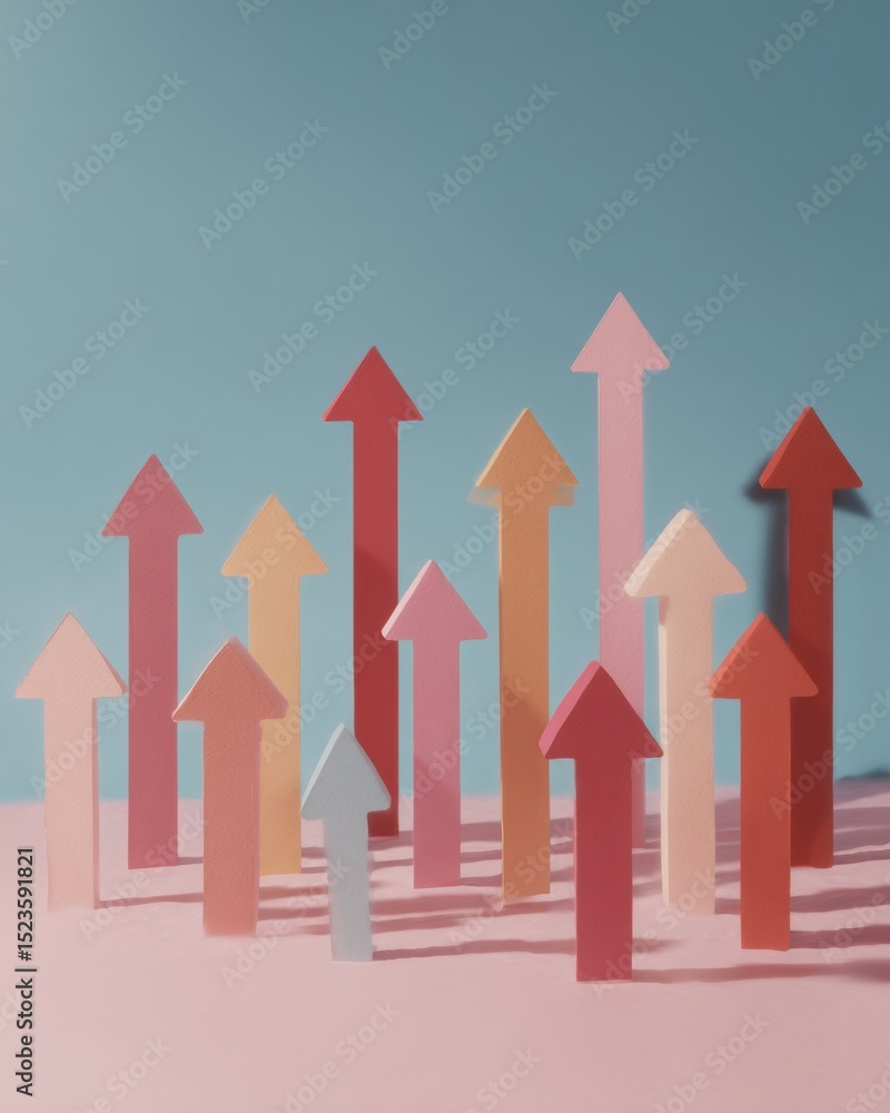 Poster Ascending colorful arrows with dimensional opacity effect on pastel background representing positive market trends and strategic financial growth insights