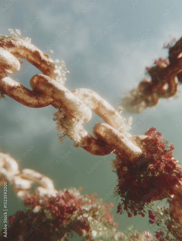 Poster rusted chain links with organic growth symbolizing blockchain security and decentralized networks in
