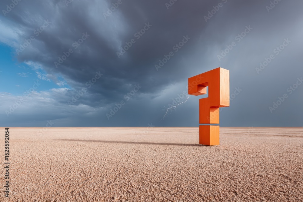 Poster Tornado Question Mark Road Sign in Open Field with Lightning Strikes and Storm Clouds Symbolizing Crisis Management and Risk Assessment