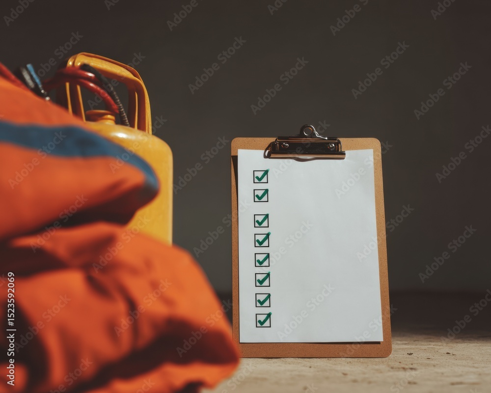 Poster Minimalist Wooden Clipboard with Completed Checklist Showing Green Check Marks for Productivity and Efficient Workflow Management in Modern Office