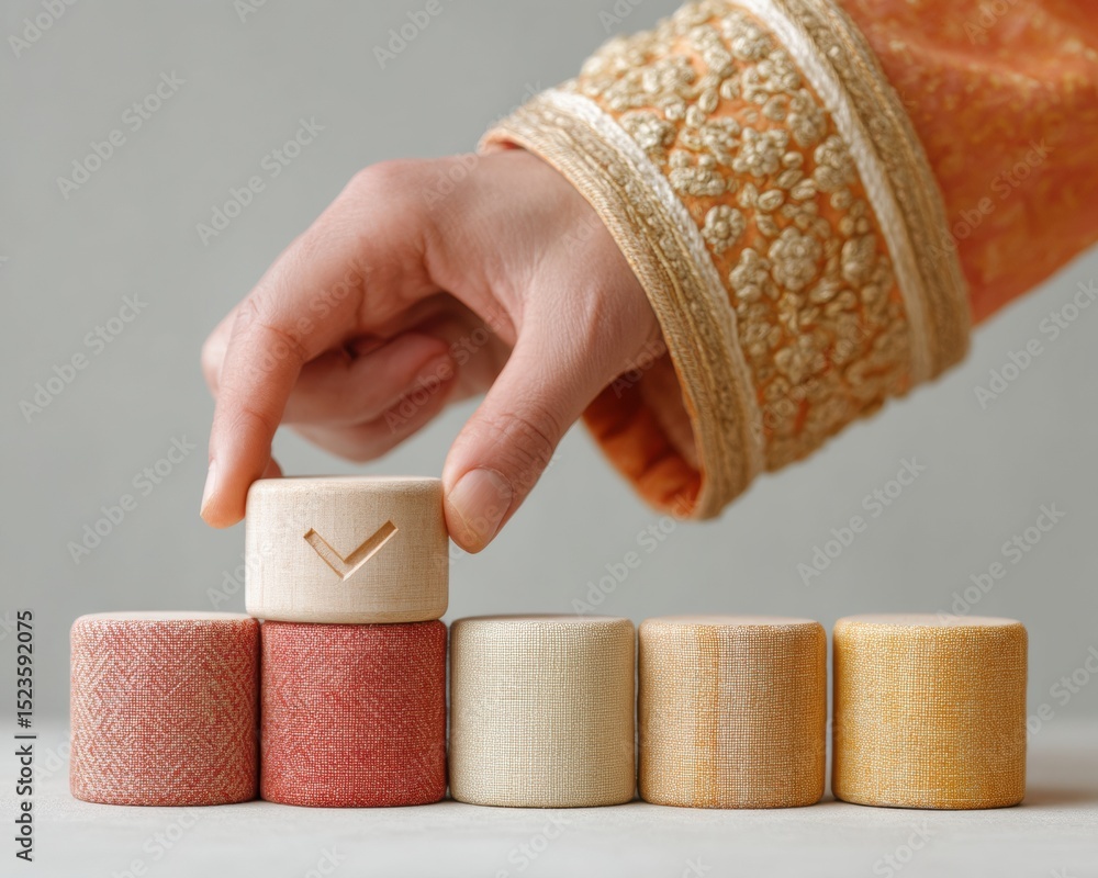 Aufkleber Modern Business Concept with Hand Placing Final Wooden Disc with Check Mark Symbolizing Quality Control and Consensus Decision-Making in Minimalist Style