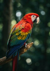 Fototapeta premium Scarlet macaw parrot perched tropical bird wildlife nature avian colorful beak