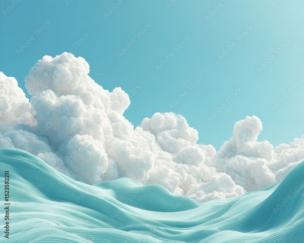 Poster Abstract Waves with Puffy Clouds Against Blue Sky - Modern Digital Art for Creative Branding and Premium Visual Content in Tech and Wellness Sectors