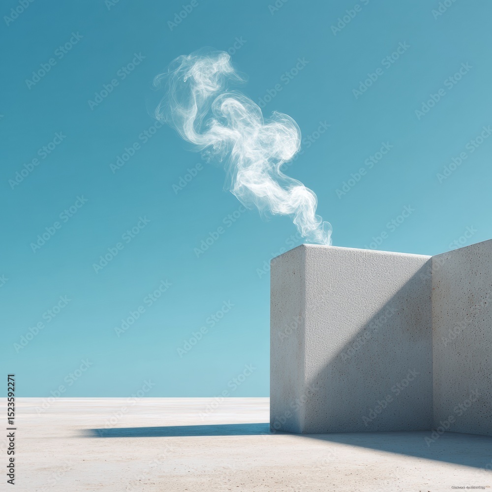 Poster minimalist concrete structure with elegant steam swirl against clear blue sky - modern design and at