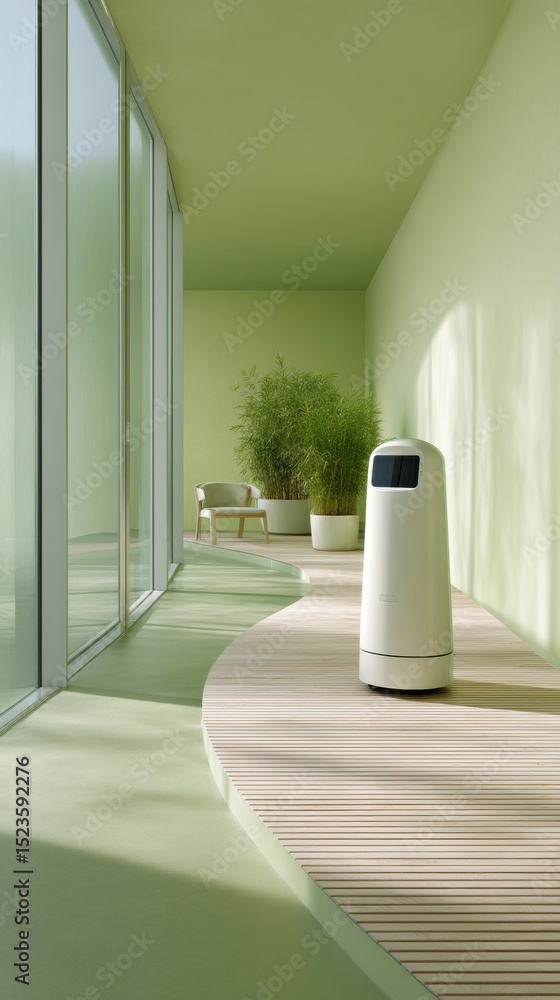 Aufkleber autonomous telepresence robot navigating modern minimalist office lobby with glass walls and indoor 