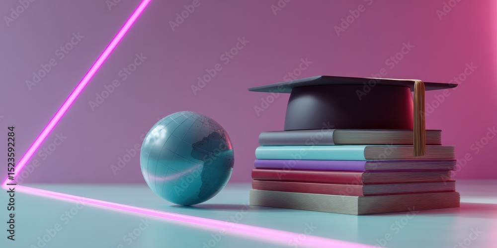 Aufkleber study abroad graduation cap on stacked books with globe - modern educational concept for global lear