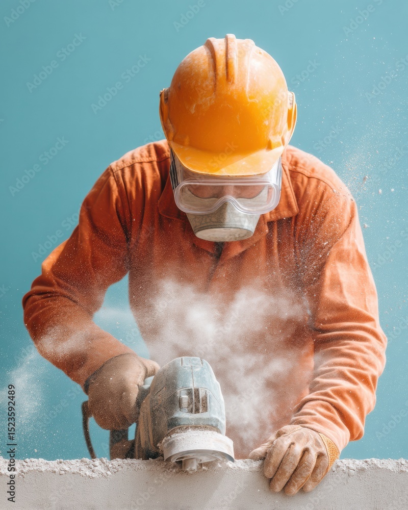 Poster construction worker using core drill on concrete wall with dust protection gear - safety drill techn