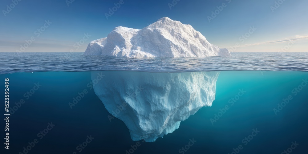 Poster minimalist floating iceberg showing rising sea level with underwater mass, clean monochrome design f