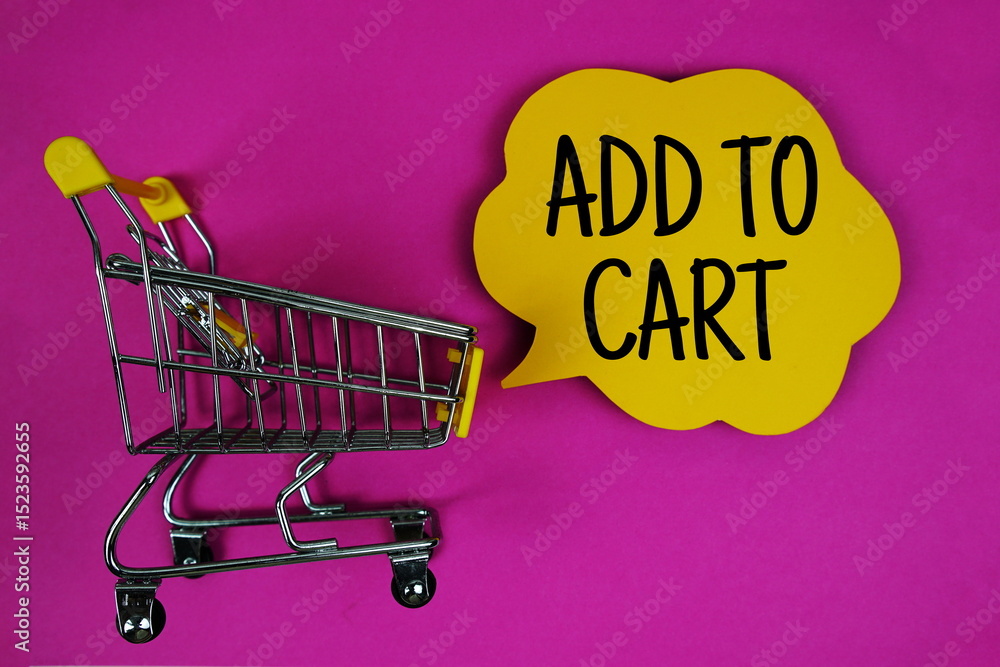 Aufkleber add to cart text with speech bubble and trolley shopping cart on pink background