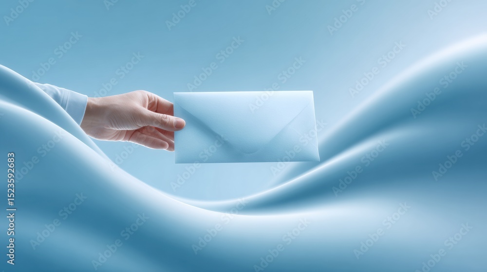 Poster modern business bonus envelope presentation with hand in smooth blue abstract background - corporate