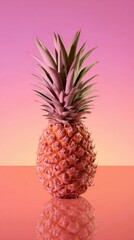 Tropical Pineapple with Oversized Headphones on Coral Pink Backdrop, Minimalist Music Streaming Concept with Sunset Aesthetic and Reflective Symmetry