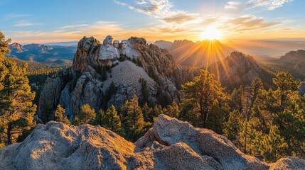 Obraz premium Majestic mountain vista at sunset featuring iconic rock formations.