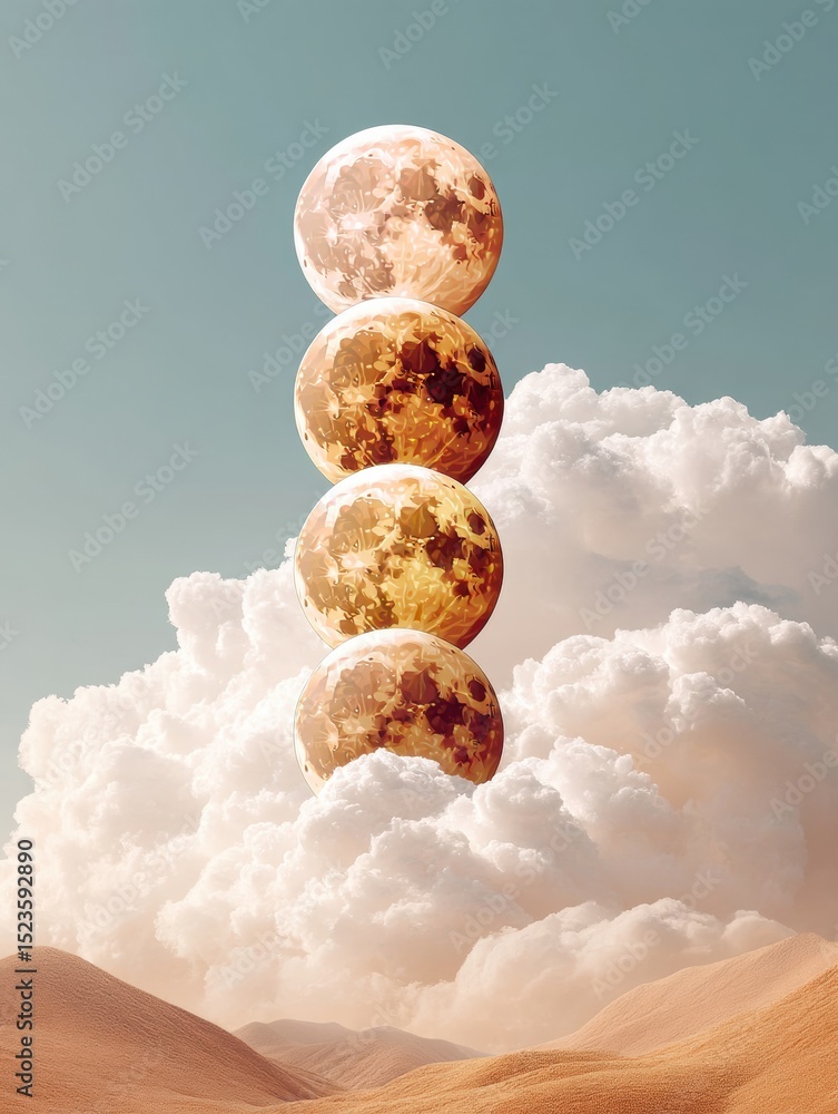 Poster Sequential Lunar Phases Above Soft Clouds in Desert Landscape Celestial Cycle Visualization for Astronomy Education and Natural Rhythm Awareness