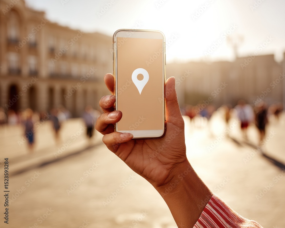 Poster urban gesture navigation on smartphone with location marker against busy cityscape at sunset - moder