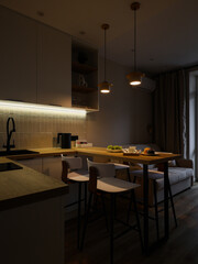 This is a modern, cozy kitchen designed with beautiful ambient lighting to enhance the vibe
