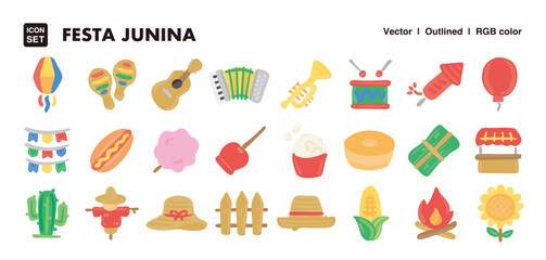 Festa Junina illustration icon set. Hand drawn flat illustration style.