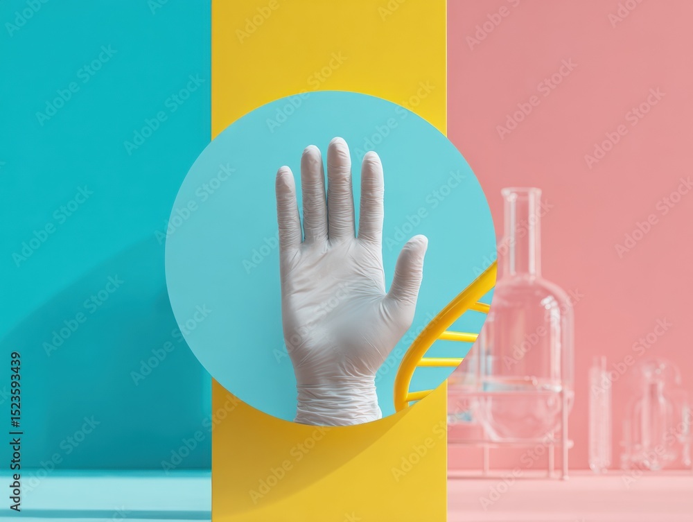 Poster futuristic genetic engineering with gloved hand and floating dna strand in vibrant lab environment f