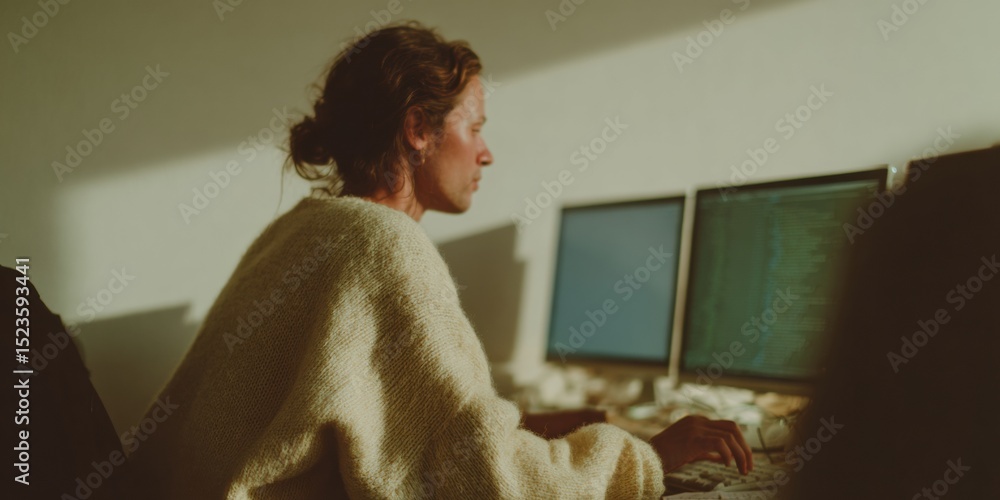 Poster Cozy Tech Workspace with Software Developer Coding on Dual Monitors in Warm Natural Light - Modern Remote Work and Digital Creativity Concept