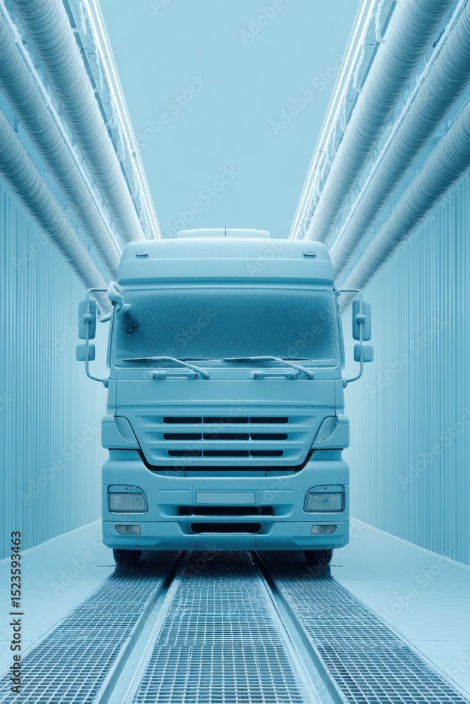 Poster modern foam truck in automated washing station with mechanical brushes and conveyor system, showcasi
