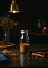 Still life cinnamon spice jar turmeric pepper dark moody food photography