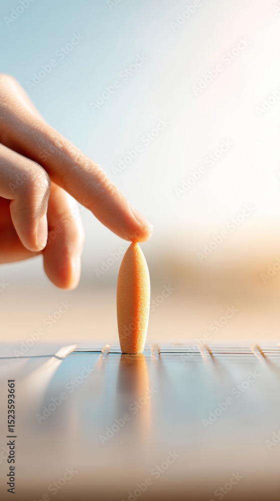 Poster Tech-Inspired Miniature Surfboard on Laptop Keyboard with Finger Touch, Symbolizing Digital Creativity and Agile Innovation in Modern Workspaces