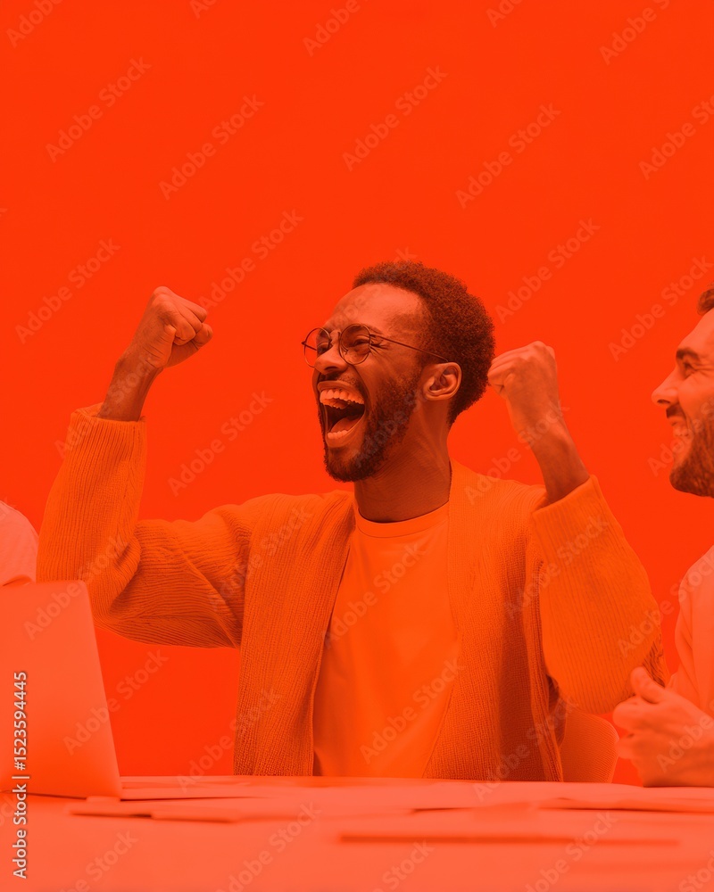 Aufkleber Vibrant startup team celebrating project completion with enthusiastic collaboration in dynamic workspace, bold pop art style conveying professional achievement and innovation