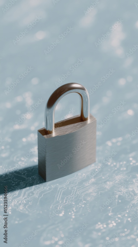 Fototapete Metallic Padlock on Circuit Board Surface Symbolizing Cybersecurity and Digital Data Protection with Futuristic Tech Aesthetic for Business Use