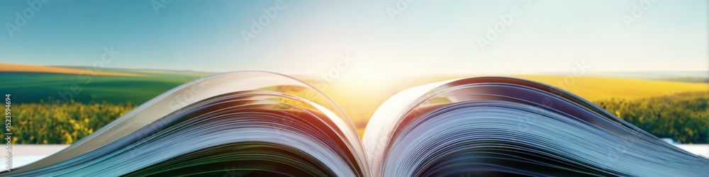 Poster Glossy Open Magazine with Fanned Pages on Plain Surface, Symbolizing Knowledge Access and Information Consumption for Modern Publishing and Education Trends