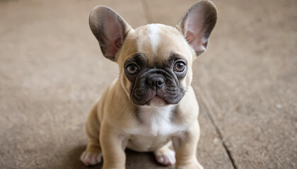 Fototapeta premium A tiny, plump, fawn-and-white baby French Bulldog puppy