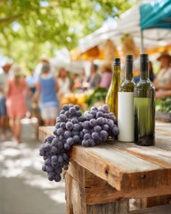 Fototapeta premium Rustic Wine Tasting Booth with Fresh Grape Clusters on Wooden Counter at Vibrant Outdoor Market - Artisanal Beverage Tourism and Community Celebration