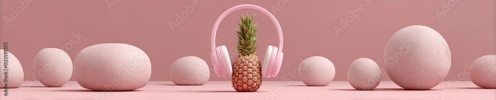 Poster minimalist pineapple with wireless headphones on soft lavender background - modern tech lifestyle co