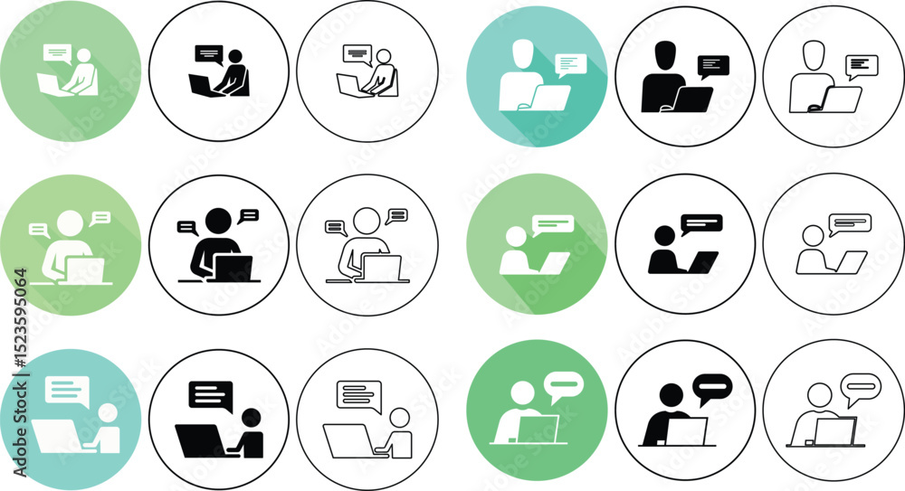 Poster set of chatting and working with laptop icons representing communication and online interaction