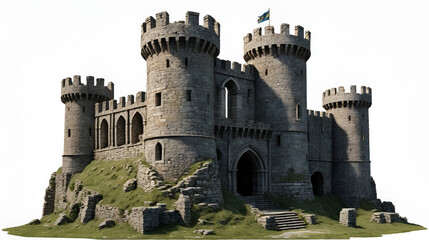 Isolated PNG cutout of medieval castle ruins on a transparent background, ideal for photobashing, matte-painting, concept art