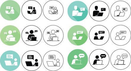 Set of chatting and working with laptop icons representing communication and online interaction