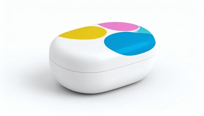 Fototapeta premium White container with yellow pink and blue dots on top isolated on white