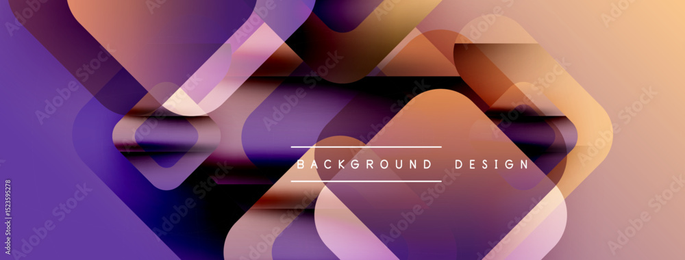 Poster abstract geometric shapes overlap, creating vibrant purple, orange gradients. modern design elements