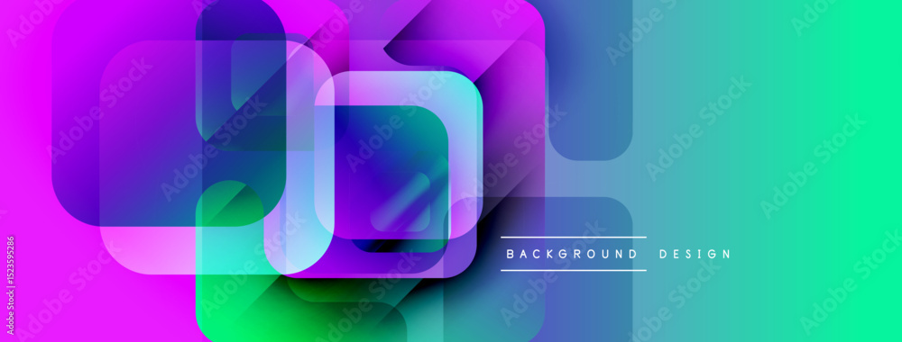 Poster abstract geometric shapes overlap. vibrant purple, turquoise, green gradients create dynamic visual 