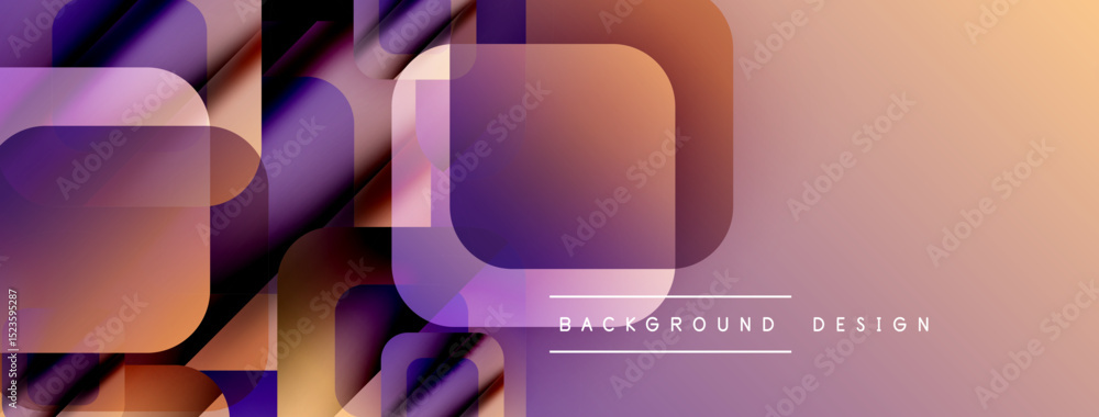 Poster abstract geometric shapes overlap, creating gradient color transitions. peach, purple hues dominate 