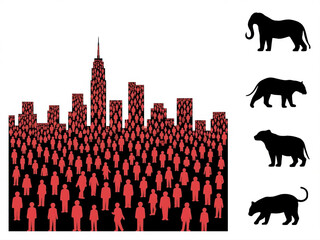 infographic-style artwork, left side: a cityscape made of thousands of tiny human silhouettes packed tightly; right side: fading animal silhouettes and declining trend, minimalist vector art